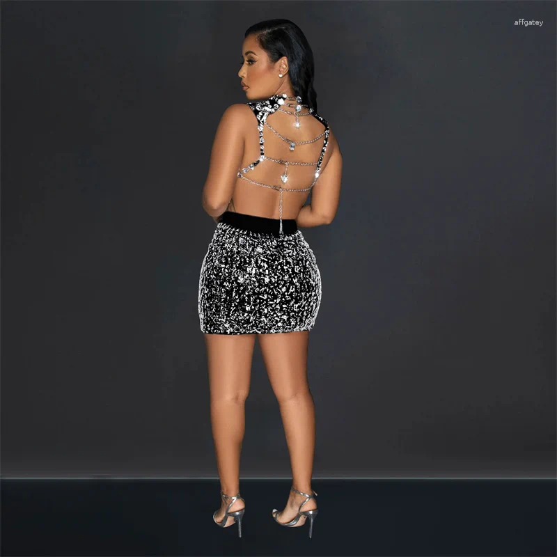 Work Dresses Glitter Rhinestone Sexy Party Two Piece Sets Women Backless Chain Tank Top And Bodycon Pencil Skirts Night Club Diamonds