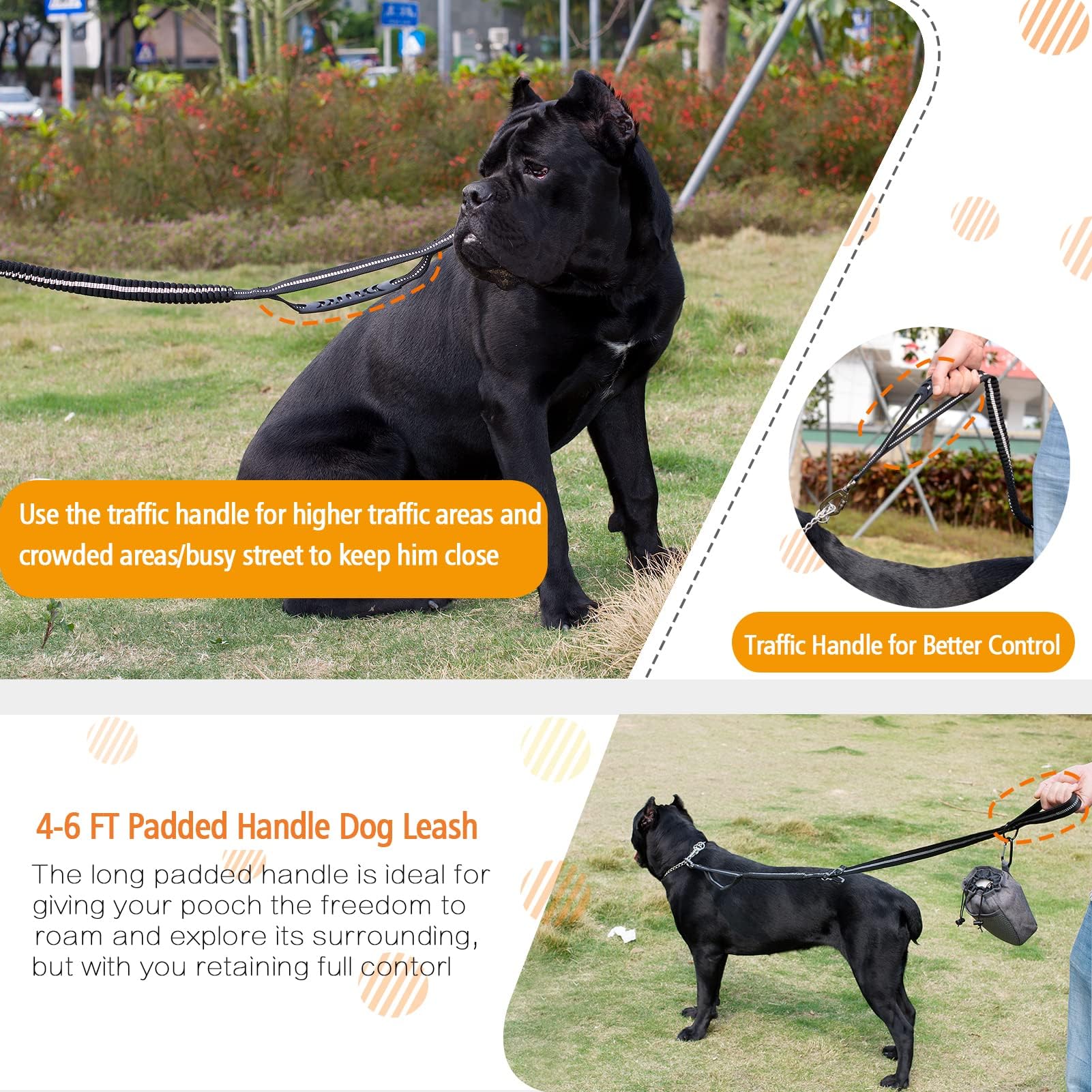 Fashion&cool Heavy Duty Especially Large Dogs Up to 150lbs, 4-6 Ft Reflective Dog Walking Training Shock Absorbing Bungee Leash Car Seat Belt Buckle, 