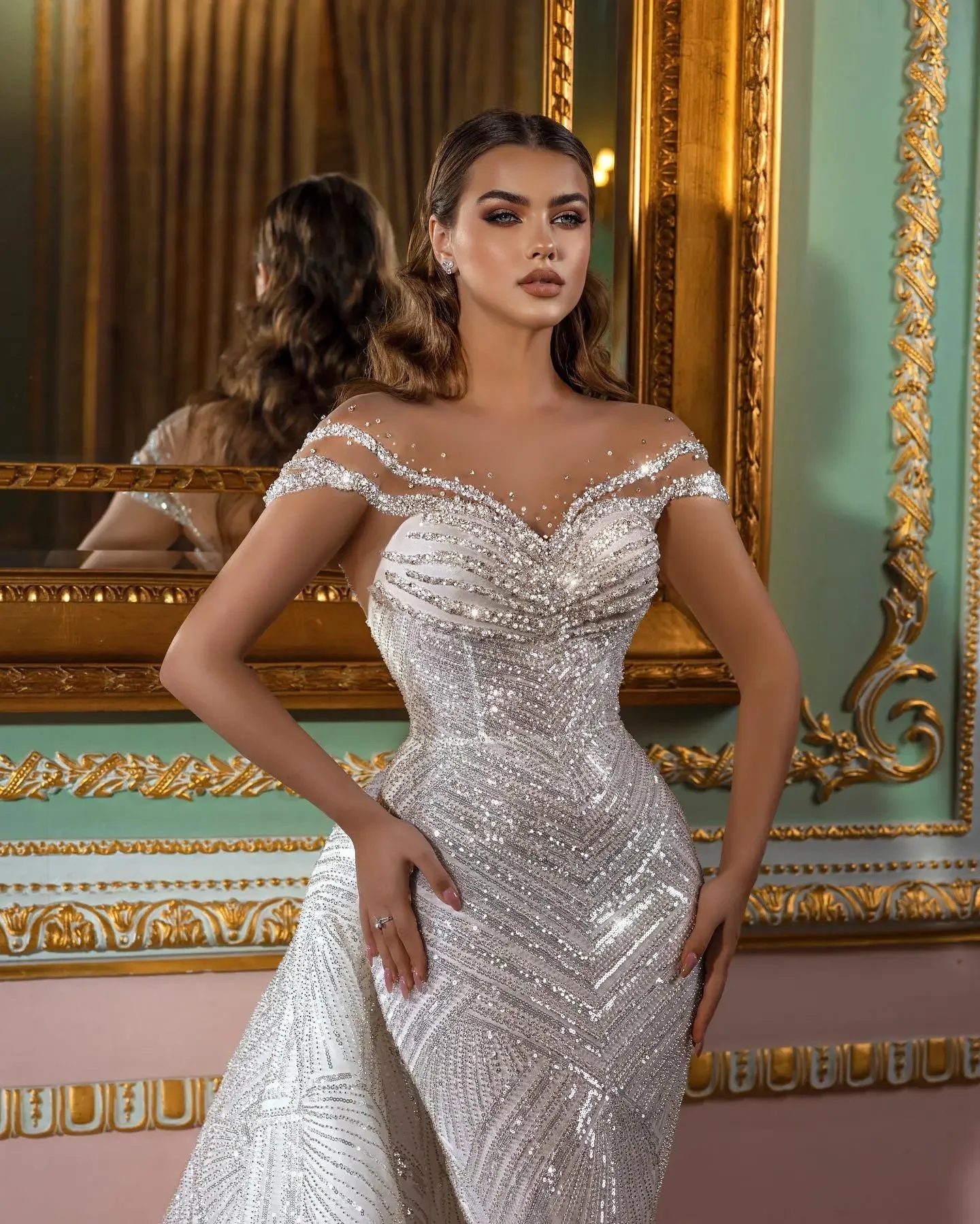 Sparkly Wedding Dresses Sequins Beading Gowns With Detachable Train Off Shoulder Rhie Bride Dress Vestidos De Novia 0219