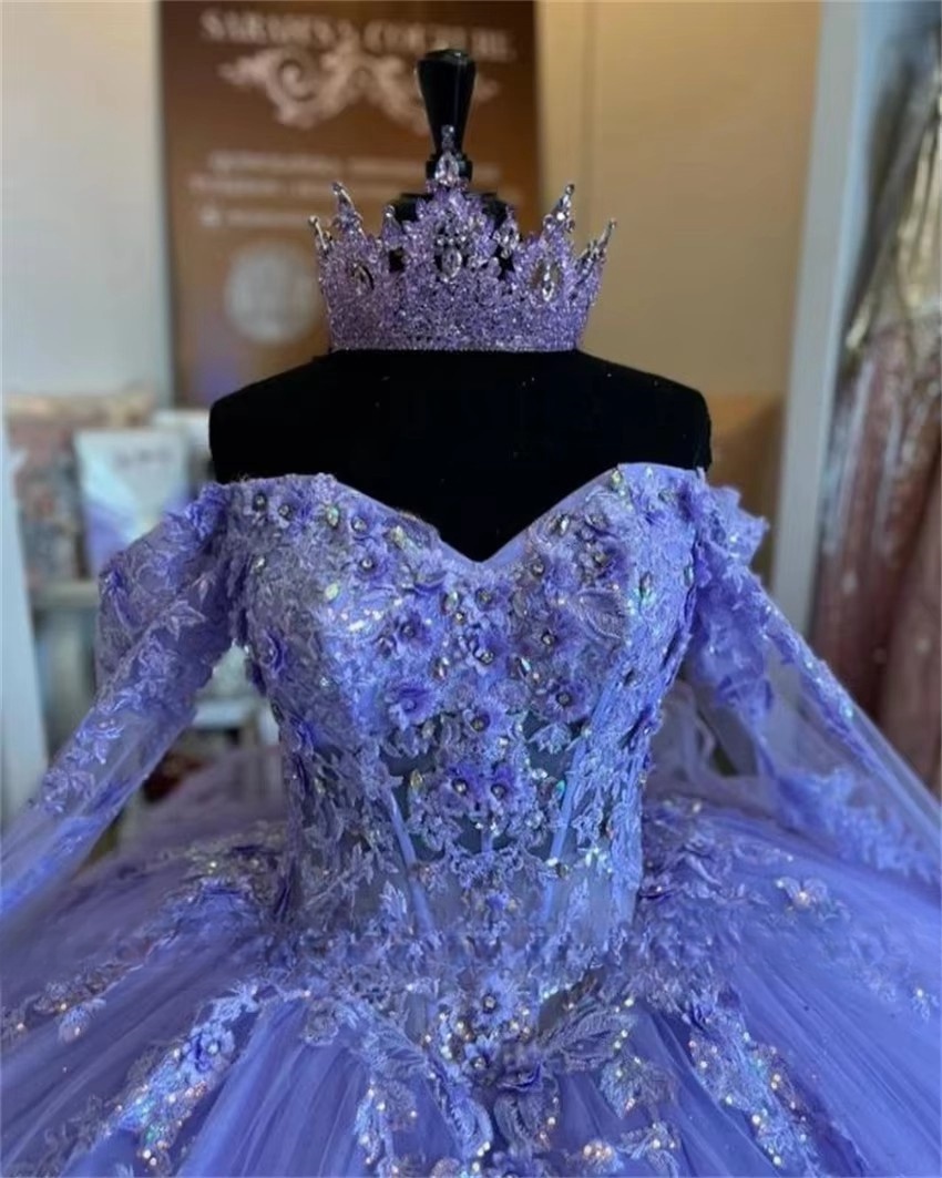 Princess Purple Quinceanera Dresses Beads ral Appliques Crystals Long Sleeves Birthday Gown Vestido De 15 Anos Customized