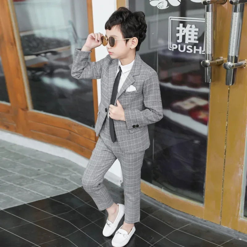 Kids Pant Blazers Set Spring Autumn Boys Casual 2pcs Suits Jackets Plaid Single Button Children Party Wedding Clothes 3-11y 241126