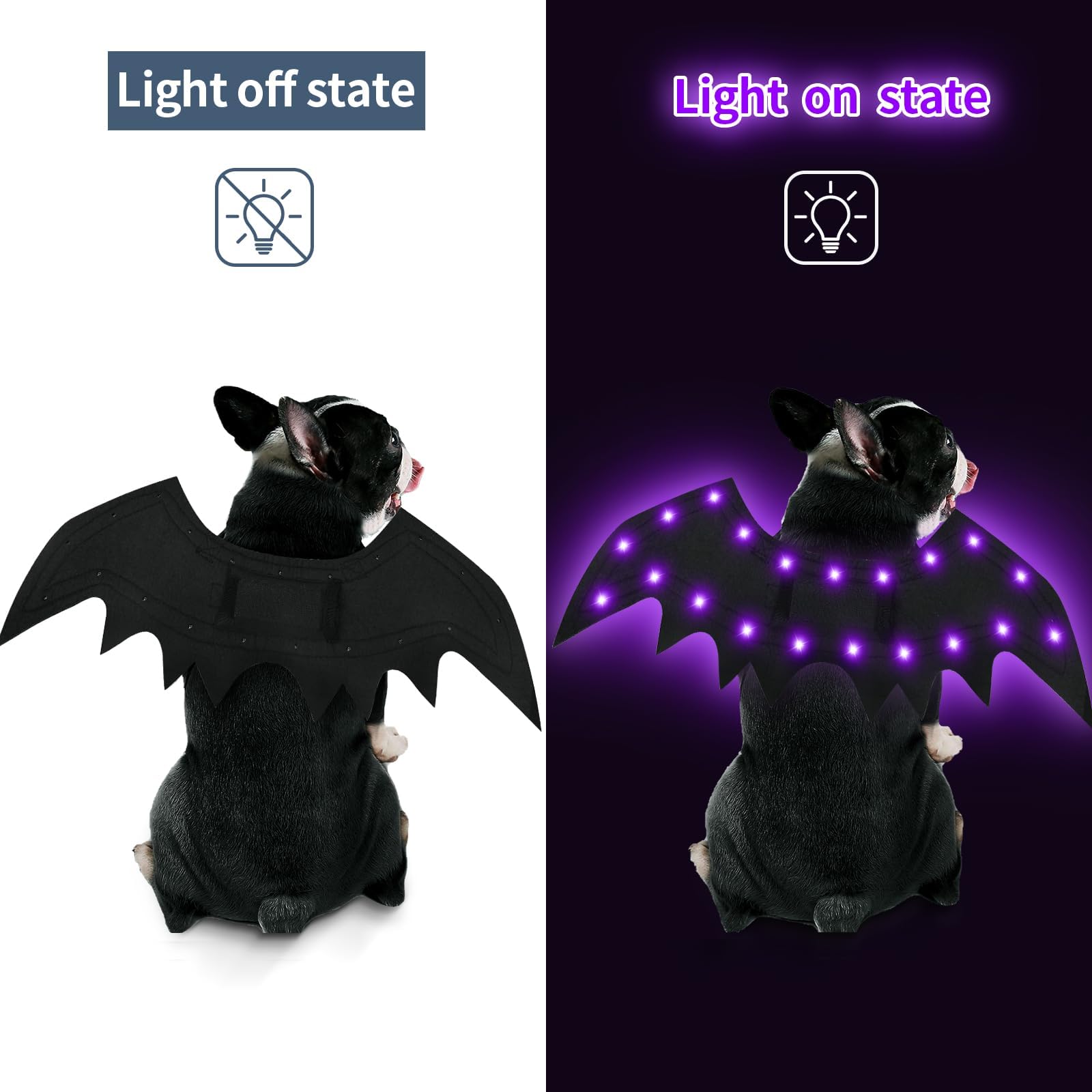 Malier Light Up Costume, 20 LED Dog Bat Wings Cosplay Costume with ple Lights Funny Halloween Clothes Thanksgiving Gifts for Dogs Puppy Cat