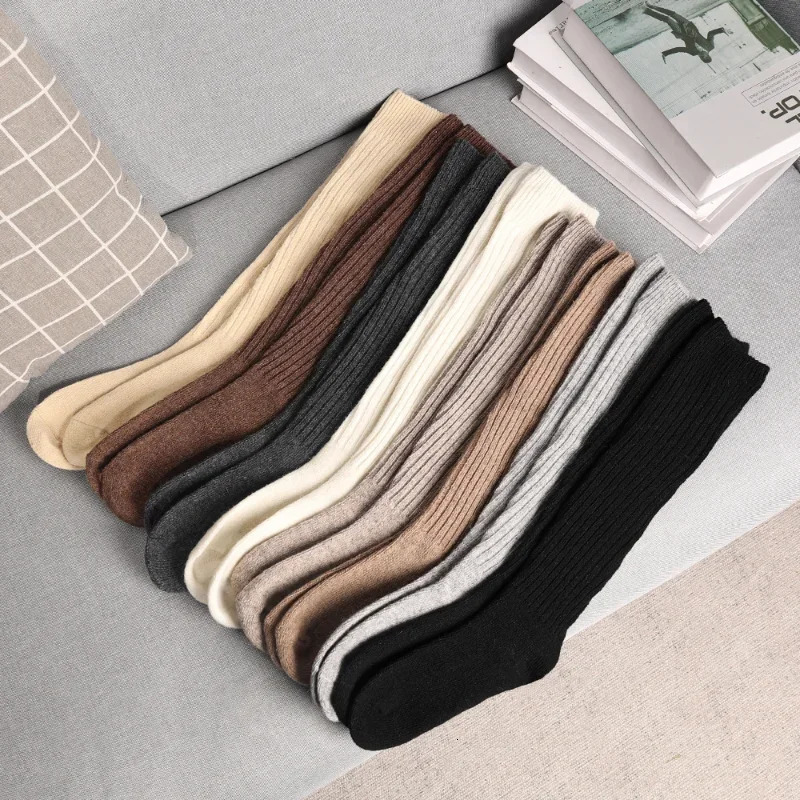 Women Long Socks Cashmere Boot Solid Wool Thigh Stocking Skinny Casual Cotton Over KneeHigh Fluffy Female Knee Sock 241112