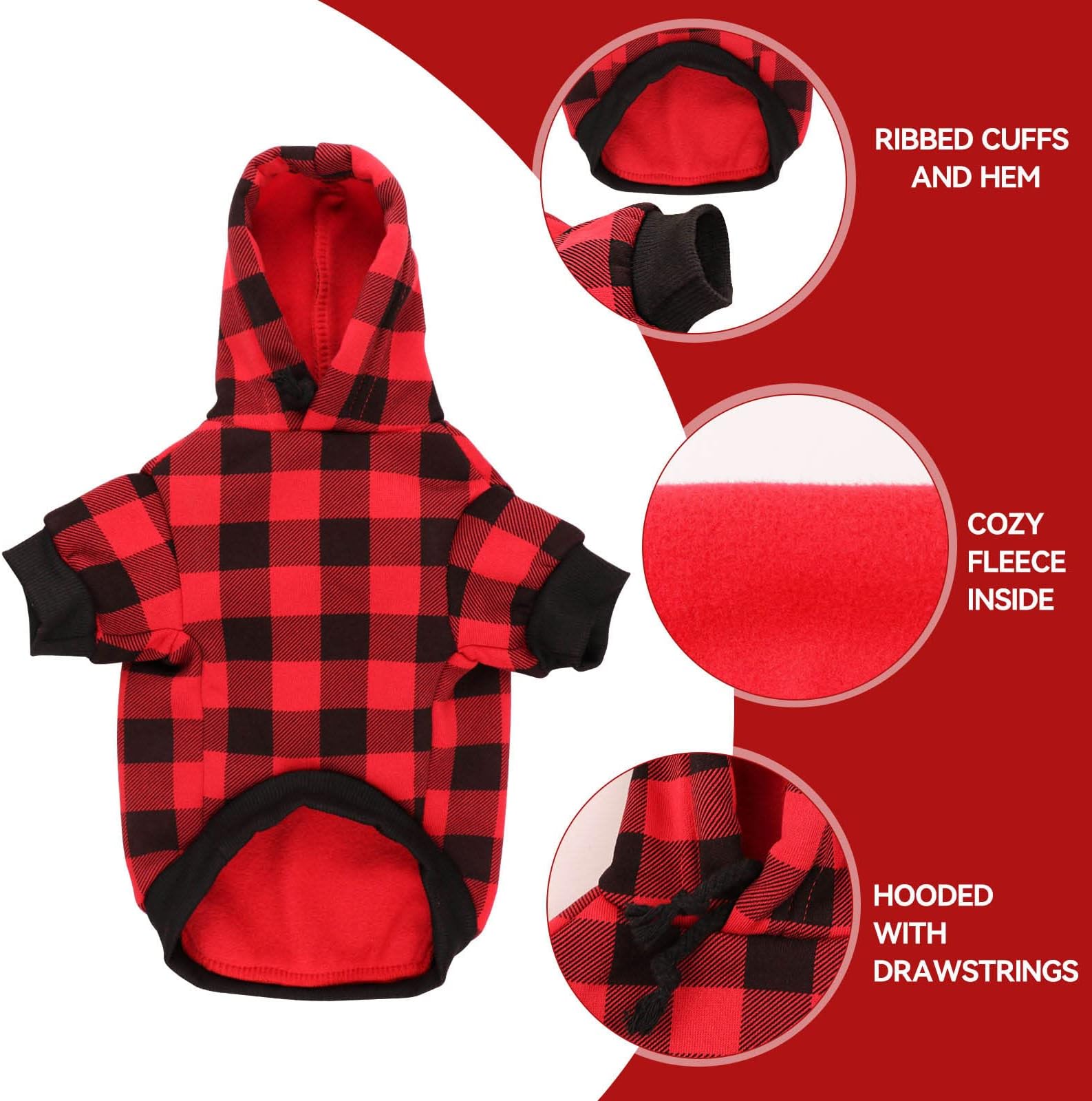 Hoodie Sweater Red Plaid Clothes Warm and Soft Breathable Cozy Hoodies Dog Sweaters for Extra Large Dogs with Pocket(XL