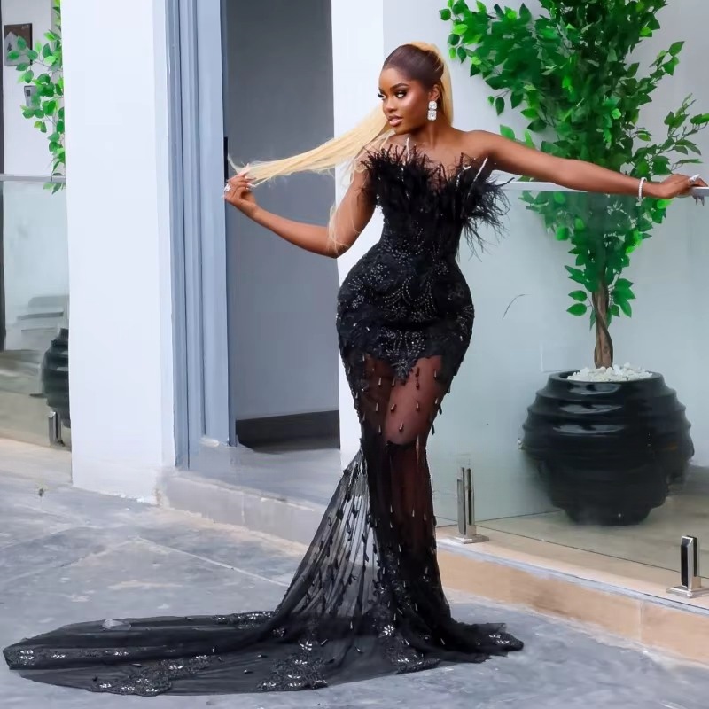 Black Evening Dresses For Women Feathers Beading Nigerian Mermaid Party Gowns Strapless African Prom Dress Customized ZD19 - view 4