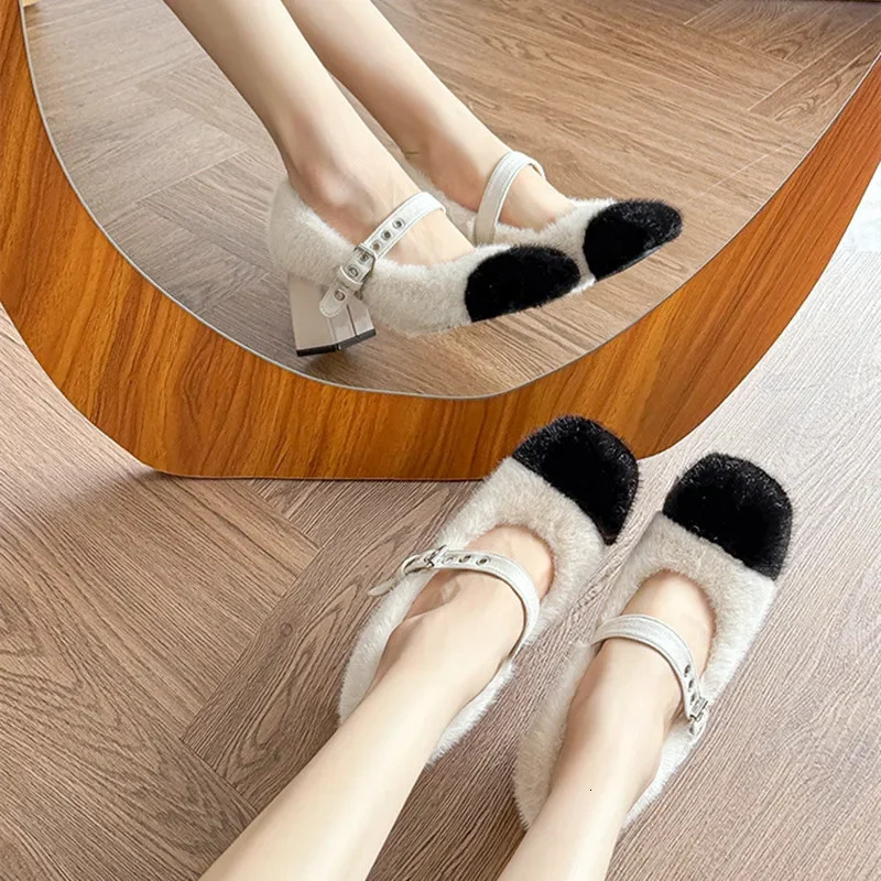 Fashion Furry Mary Jane Shoes Women 2025 Winter Cute Warm High Heels Square Heel Belt Buckle Women Pumps Zapatos De Mujer 241127