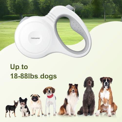 Petsuper Leash,16FT Dog Leash Retractable for Dogs up to 88lbs,360 No Tangle,One-Handed Brake,Big Grip,White
