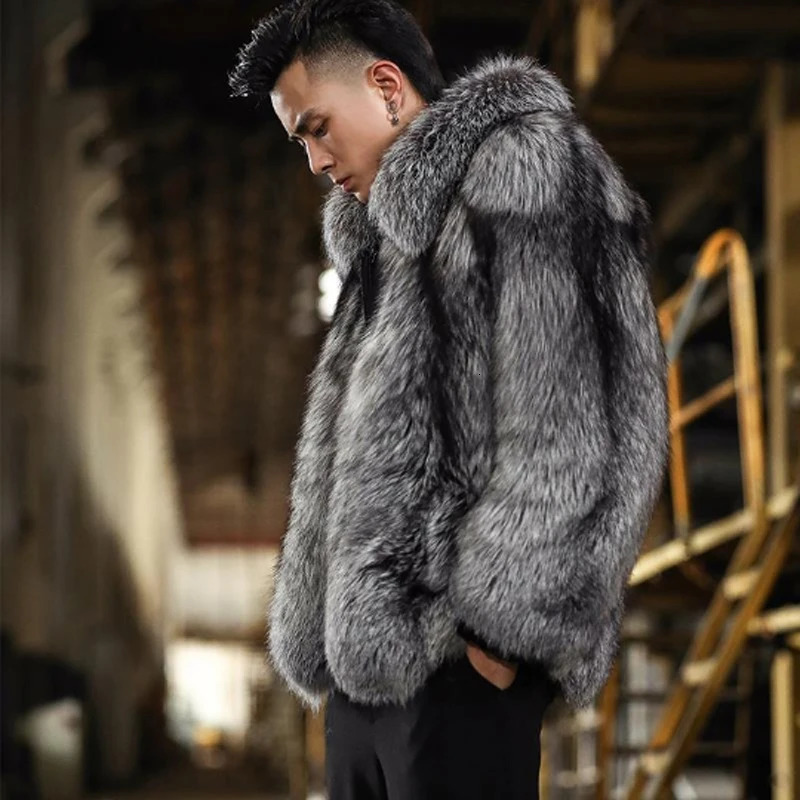 fox hair fur grass mens coat short style autumn and winter warmth silver leather jacket 241112
