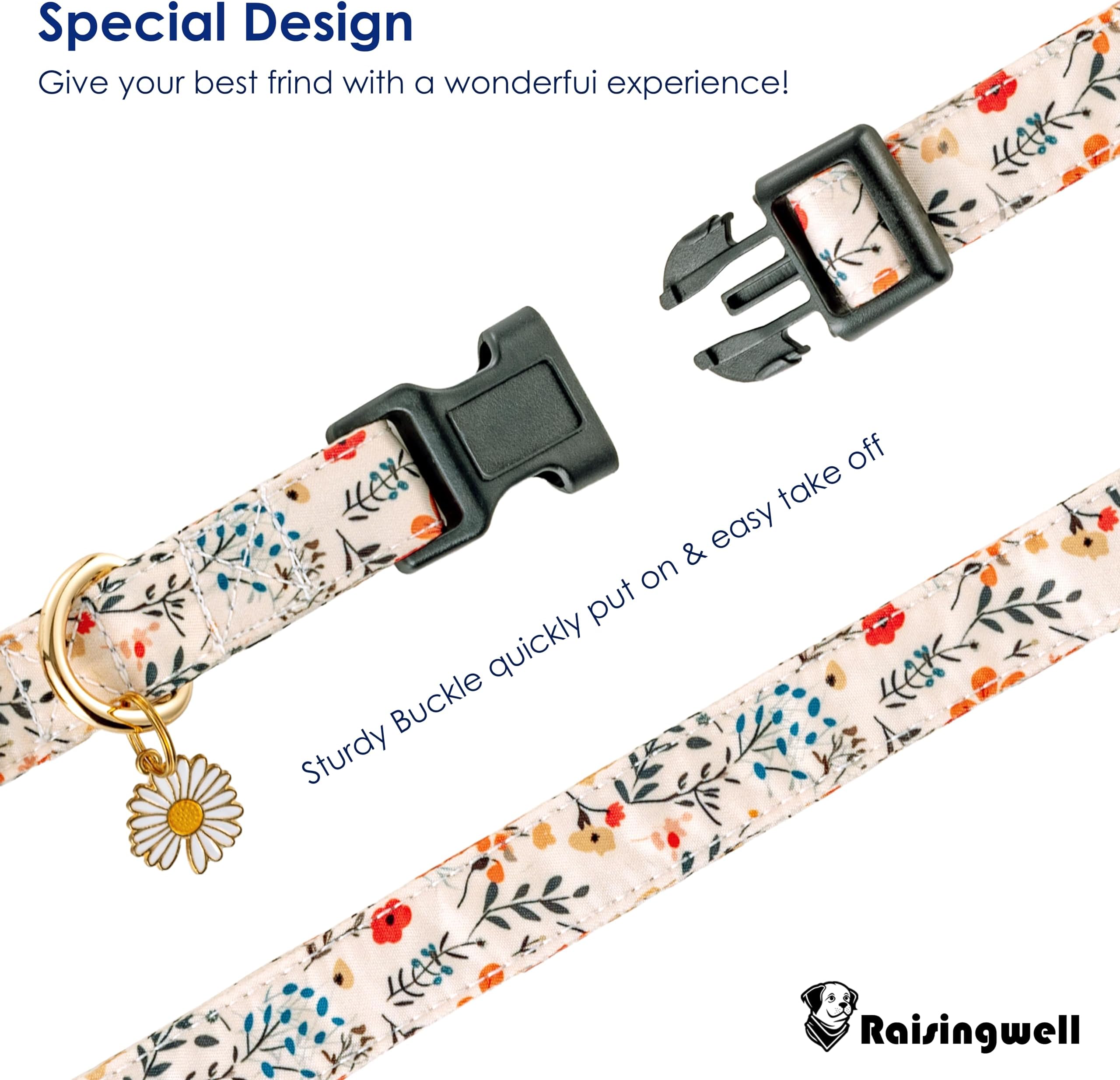 Raisingwell Cute Collar Beige Flower Pattern Boys and Girls Holiday Dog Collars Summer Fall Gift Adjustable for Small to Medium Breed Dogs