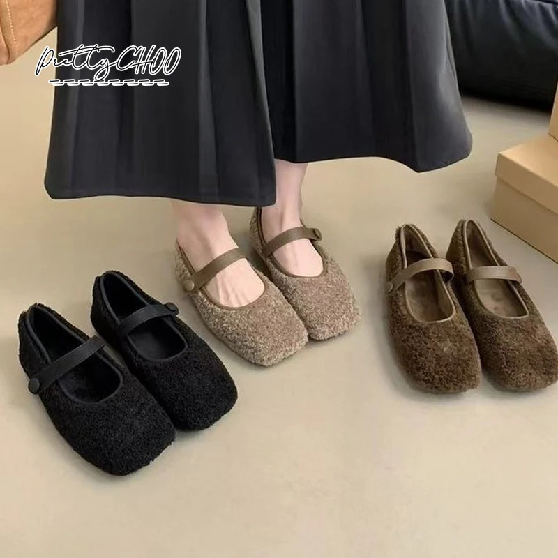 Square Toe Cosy Lambswool Ballet Flats Woman Warm Teddy Fur Mary Jane Shoes Ladies Elegant Fluffy Plush Loafers 241127