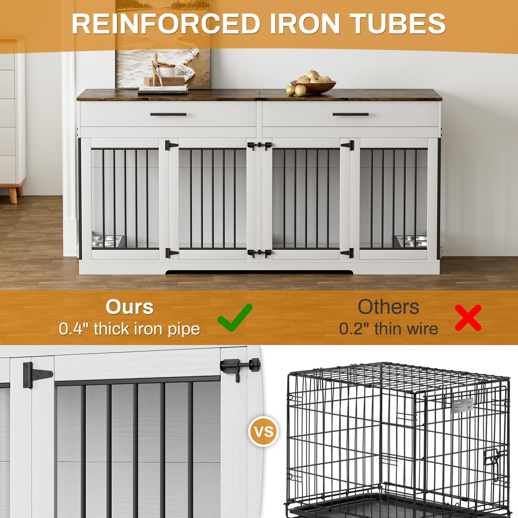 OUYESSIR Dog Crate Furniture, 72.05 Inch Wooden Large Dog Kennel with 2 Drawers & Dog Bowls, Dog House with Double Doorss & Divider, Heavy Dut