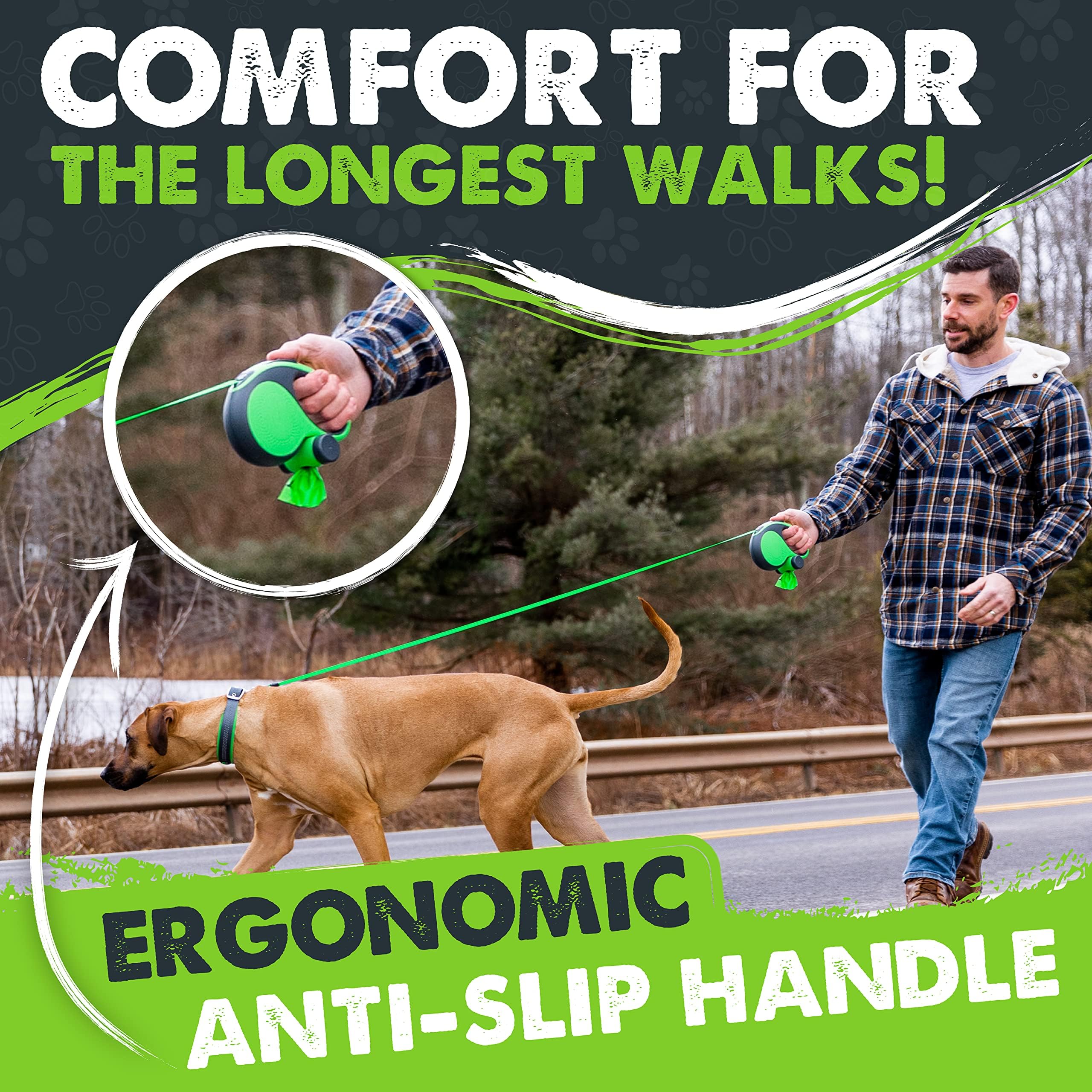 Mighty Paw Retractable with Built-in Poop Bag Holder | 16' Long Leash Small Dogs, Medium Breeds & Large Pets. Tape for Quick Control. Bags Includ