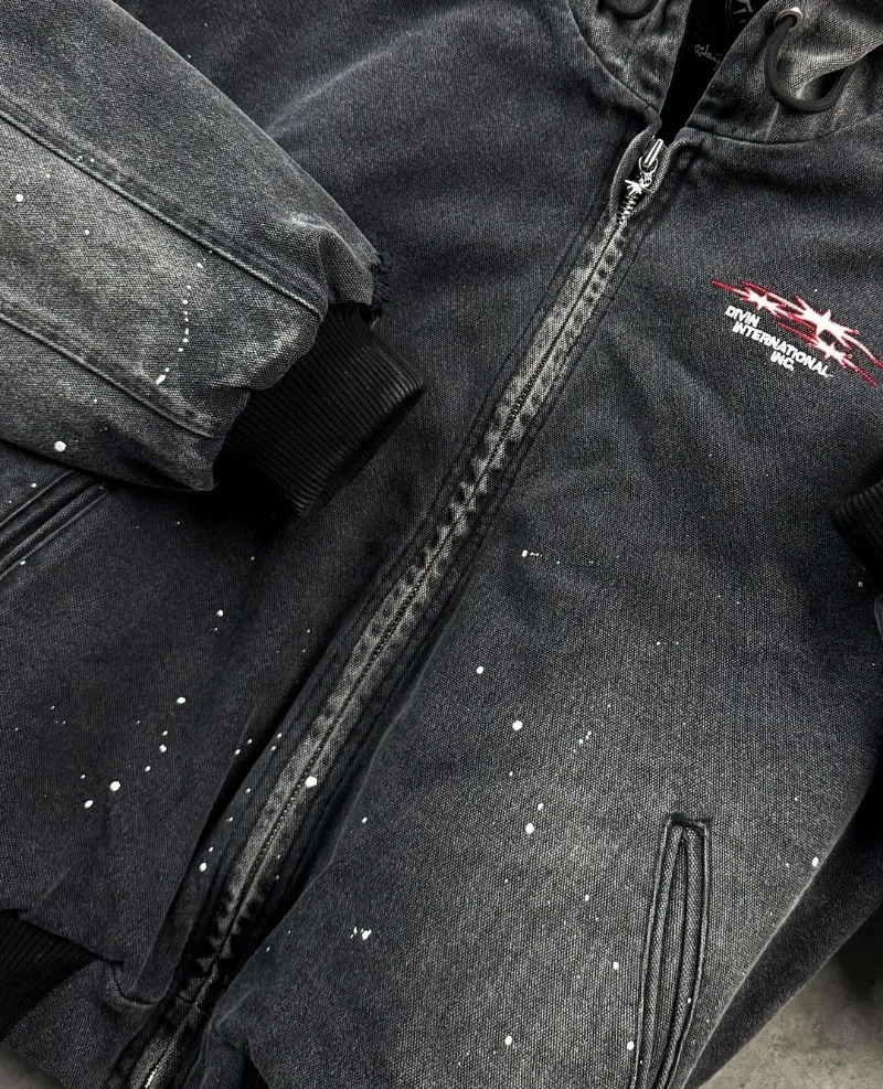 High Street Trendy Streetwear Harajuku Retro Embroidery Splash Ink Washed Denim Jacket Mens Hip Hop Casual Hoodie 241126