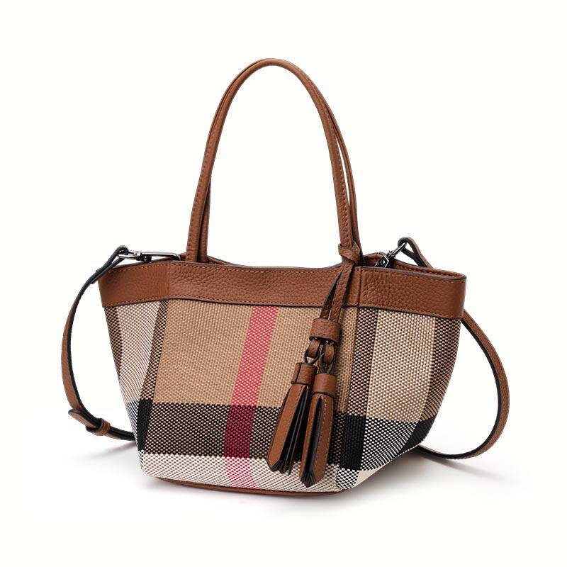 Aidrani's new checkered design women's small handbag canvas and cowhide material caramel designer handbag trendy shoulder bag