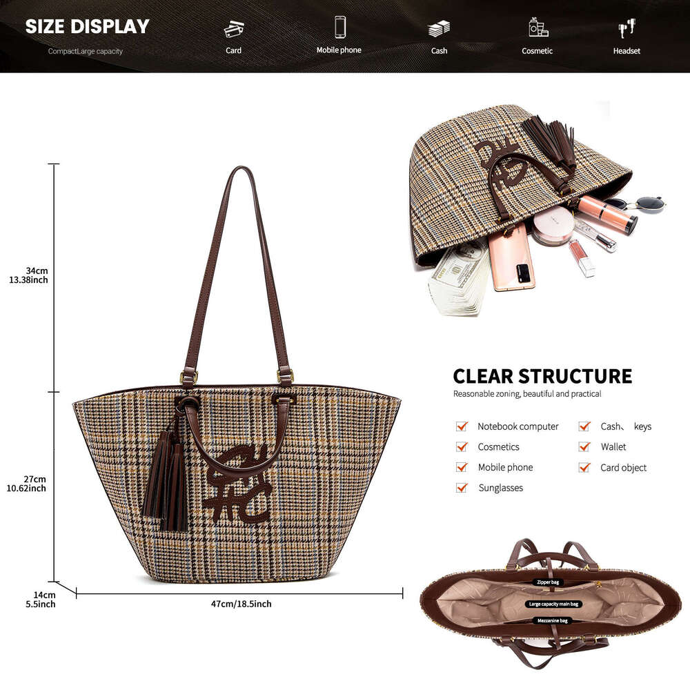 Classic Retro New Checkered Design Business Commuter Large Capacity Solid Color Women's Shoulder Bag