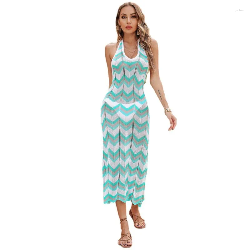 Beach Outfits For Women Cover Up Pareo Summer 2024 Knitted Wavy Stripe Sexy Backless Sunblock Bikini Solid Polyester Dress