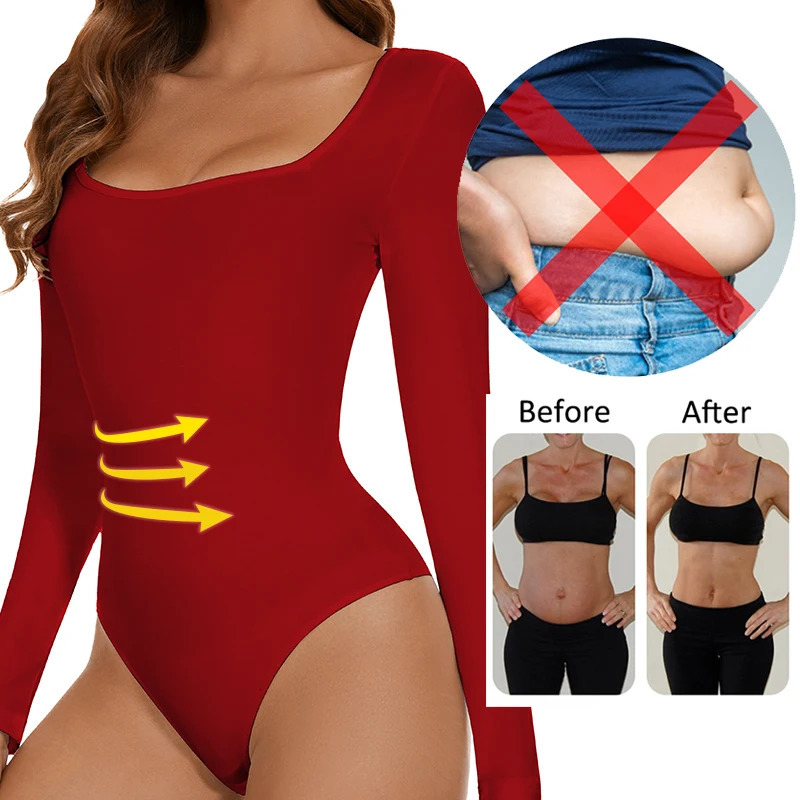 Womens Bodysuit Low Cut Square Neck Long Sleeve Shapewear Underwear Tummy Control Belly Compression Bottoming Shirt Jumpsuits 241112