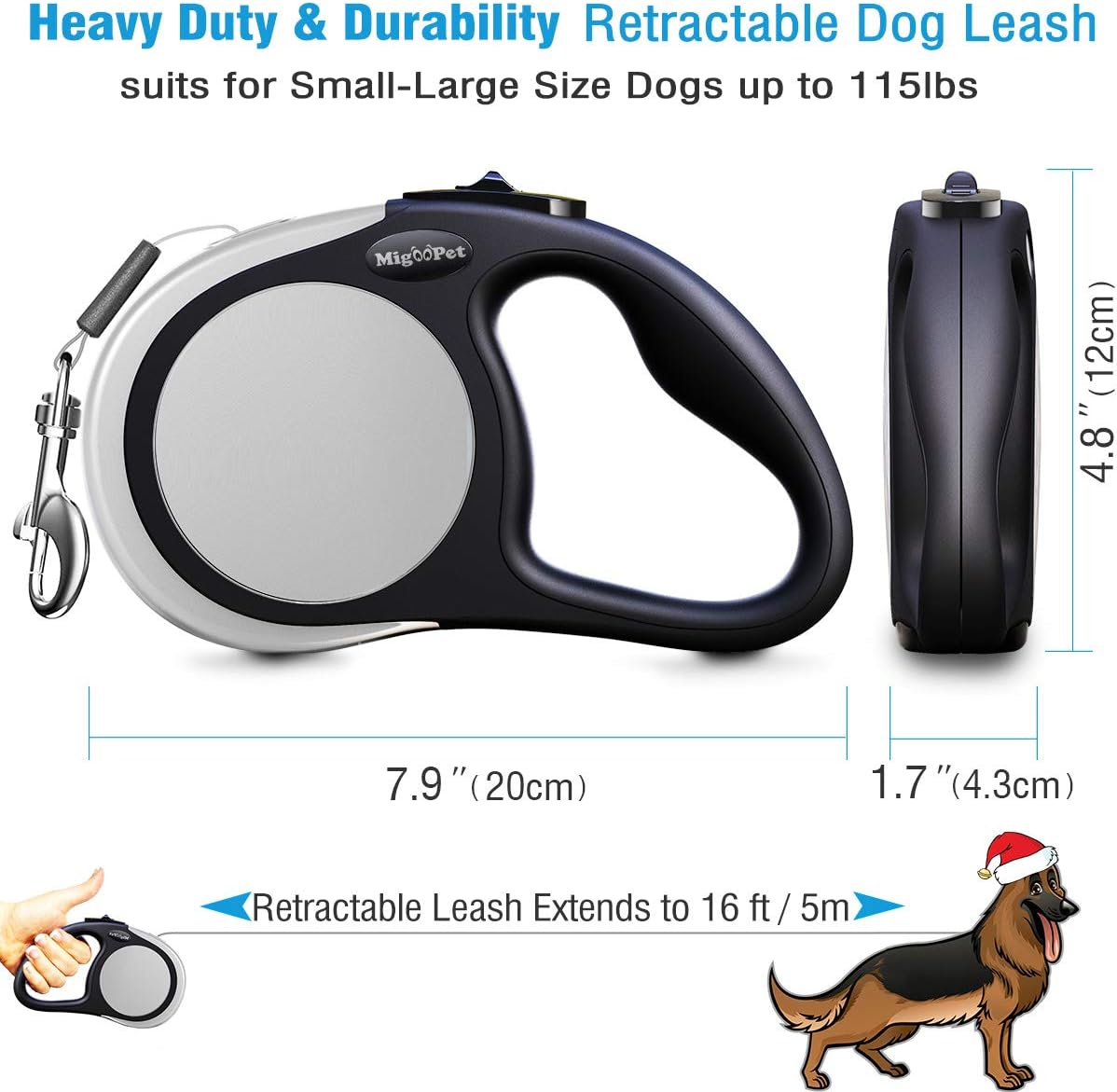 Heavy Duty Retractable Dog Leash-16ft Strong & Durable Walking Leash for S L Dogs up to 45/115 lbs, Upgraded Lock System, Non Slip Grip, Tangle Free