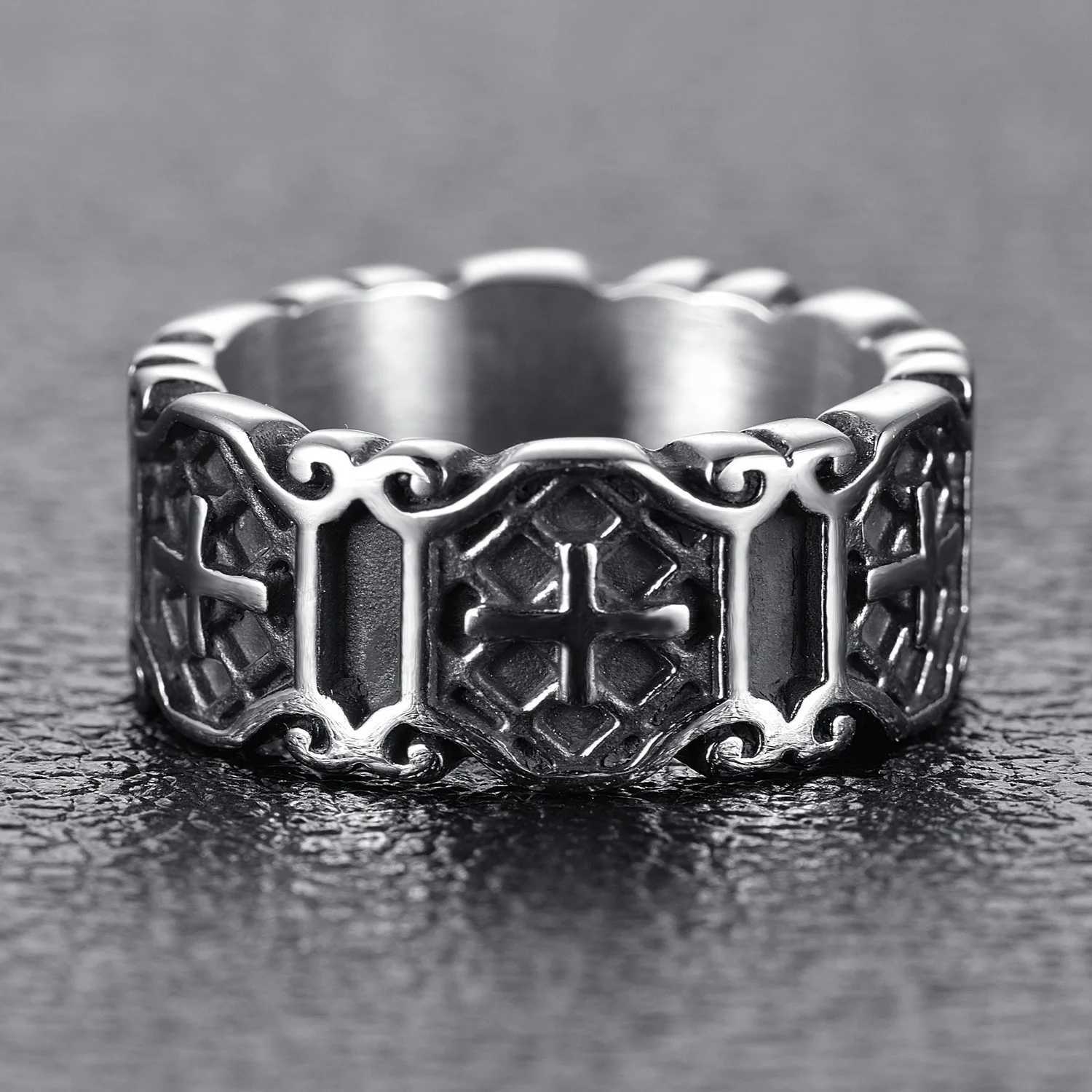 Retro Silver Color Punk Pattern Cross Ring for Mens Fashion Trend Street Hip-Hop Rock Goth Accories Jewelry Gift WholesaleXJ241127