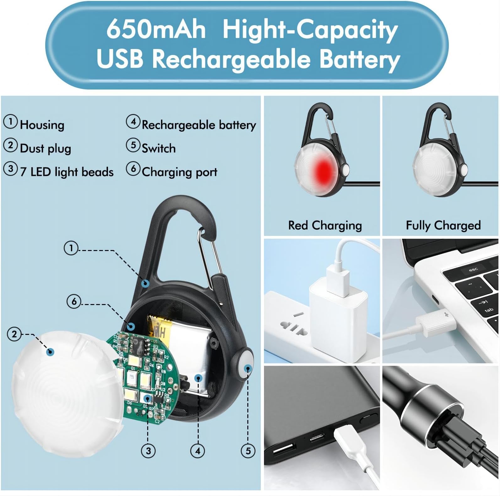 HIFORT 2 Packs 4 Modes Collar Nighttime Clip on, High Capacity USB Rechargeable Light, IP68 Waterproof Dog Lights for Night Walking, Climbing, Camping