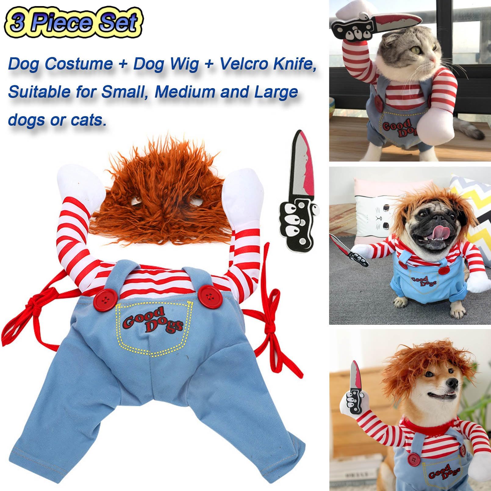 Pet Deadly Doll Costume, Novelty Halloween Costumes Cosplay Funny Outfit, Cute Dog Clothes for Small Medium Dogs Cats Puppy, Christmas Party Costume C