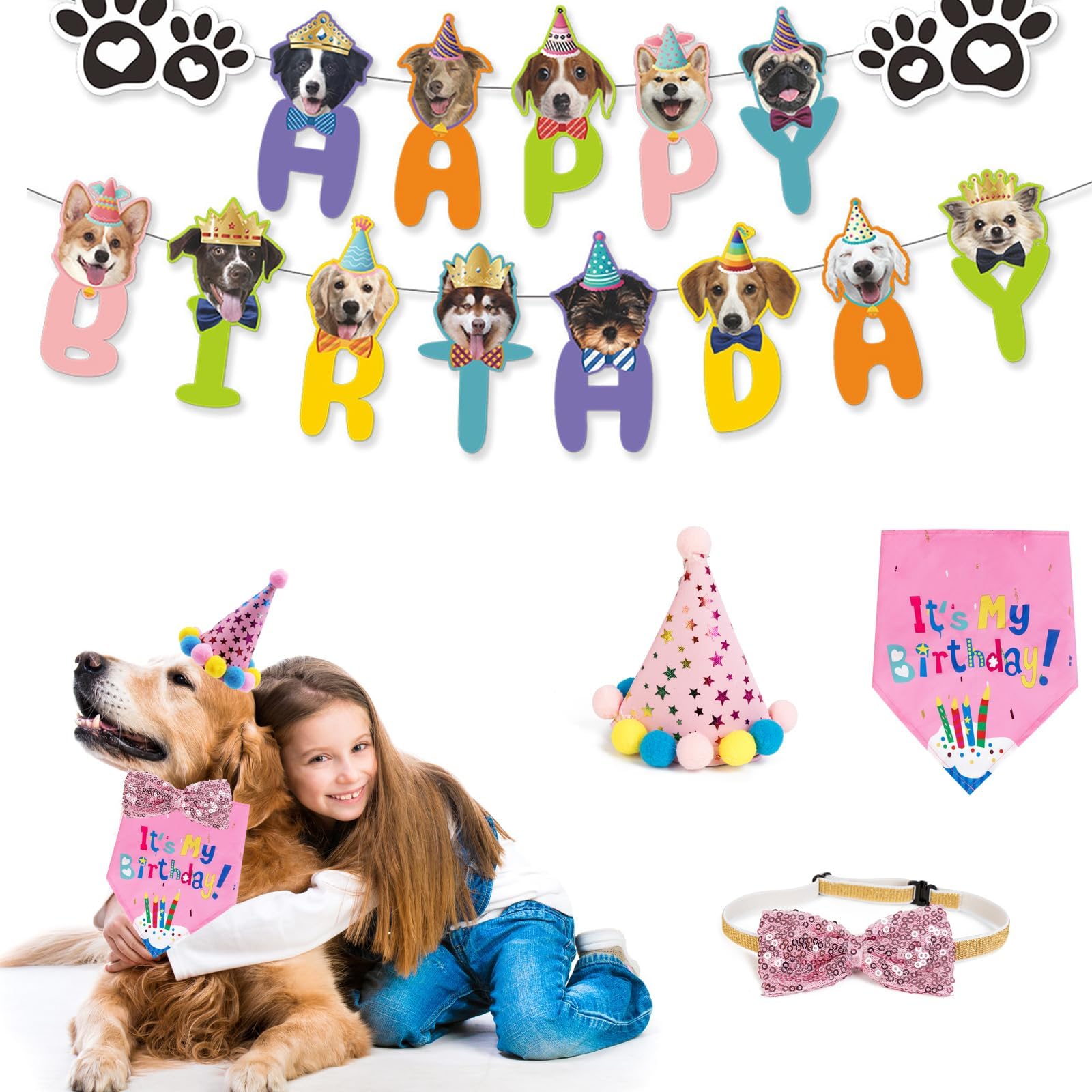 Agirct Dog Boy Party Supplies,Birthday Hat,Bow Tie, Bandana, Banner,Puppy Pet Theme Birthday Decorations Suit for Golden Doodle Teddy Husky Labrador(4