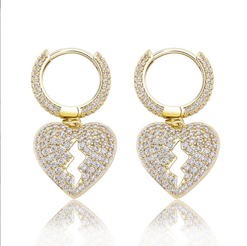 2024 Hip Hop Dangle Earrings Jewelry Gold Fill Full Pave White 5A Cubic Zircon CZ Dia Gemstones Party Women DIY Heartbreak Earring For Men Gift