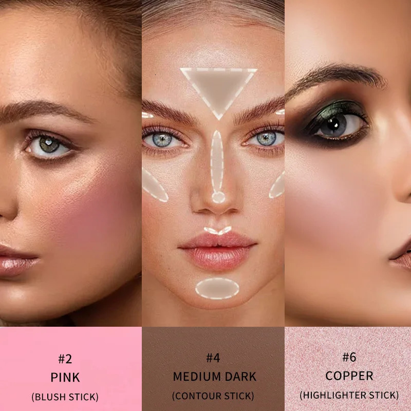 3Pcs Highligter Blush Contour Makeup Stick Face Brown Bronzer Contour Stick Face Foundation Makeup Pen Lasting Smooth Contour 240412