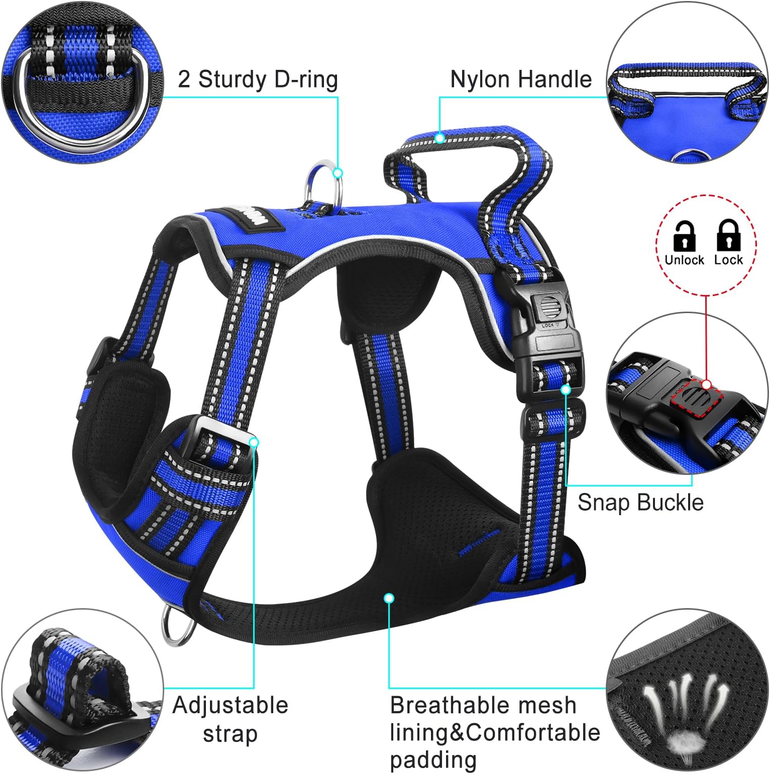 WINSEE Harness No Pull, Pet Harnesses with Dog Collar, Adjustable Reflective Oxford Outdoor Vest, Front/Back Leash Clips Small,, Large, Extra Large Do