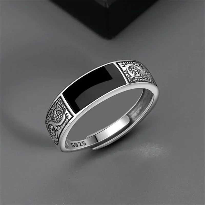 Tren Silver Sterling Silver Ring For Men Jewelry Black Rectangle Retro Dragon Pattern Ring Male Infex Finger Accories OpenXJ241127