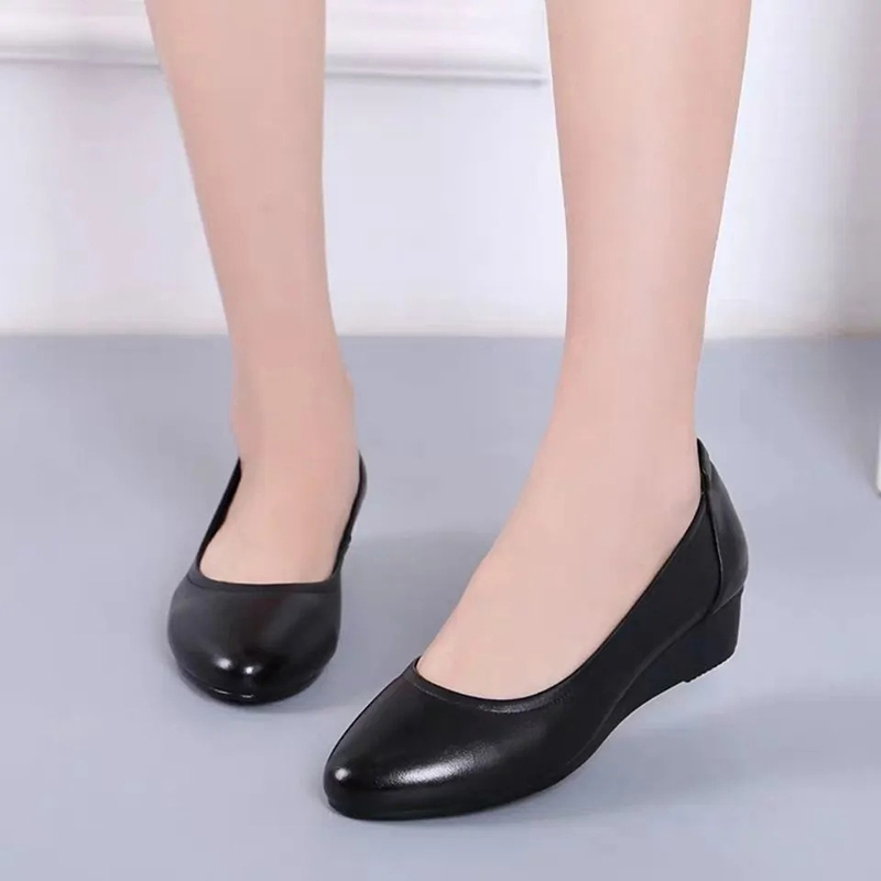 Comfort Black Leather Round Toe Dress shoe Office Women's Casual Shoes For ladies Wedges non-slip shoes upper synthetic leather zhanyishengli