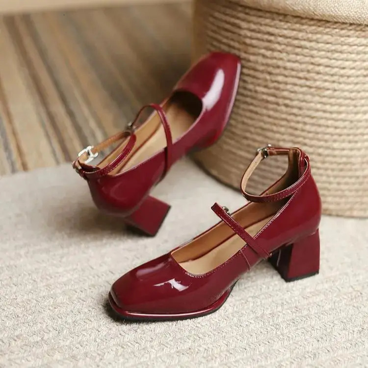 red mary jane shoes heels Womens Shoes Mary Jane Spring summer Thick-heeled High-heeled Retro Square Toe Pumps 241127