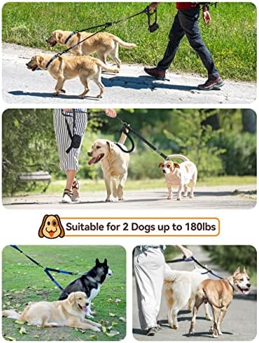 YOUTHINK Double Leash, No Tangle Walking Leash 2 Dogs up to 180lbs, Comfortable Adjustable Dual Padded Handles, Bonus Pet Waste Bag (Double Dog Leash)