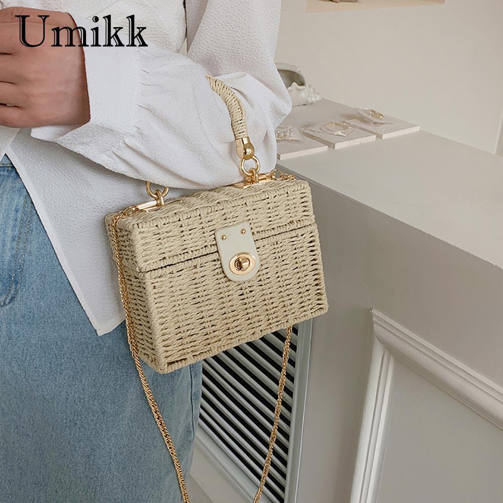 New rattan woven shoulder bag trend for leisure women Bohemian handmade woven basket crossbody bag beach square box top designer handbag