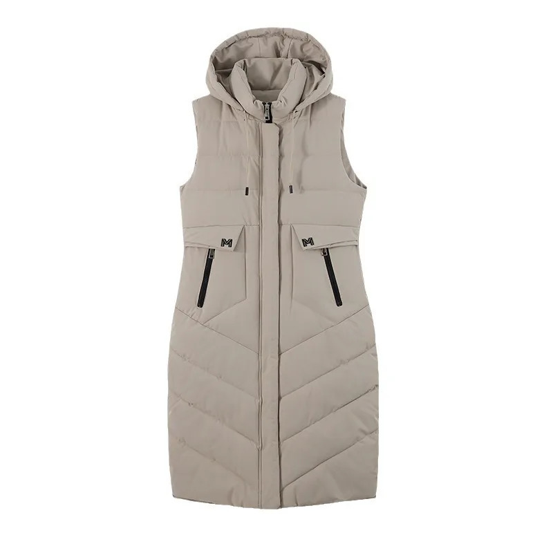 2024 Fashion Winter Long Vest Woman Outerwears Hooded Elegant Thick Warm Jackets Coat Female Sleeveless Down Cotton Parka 241121