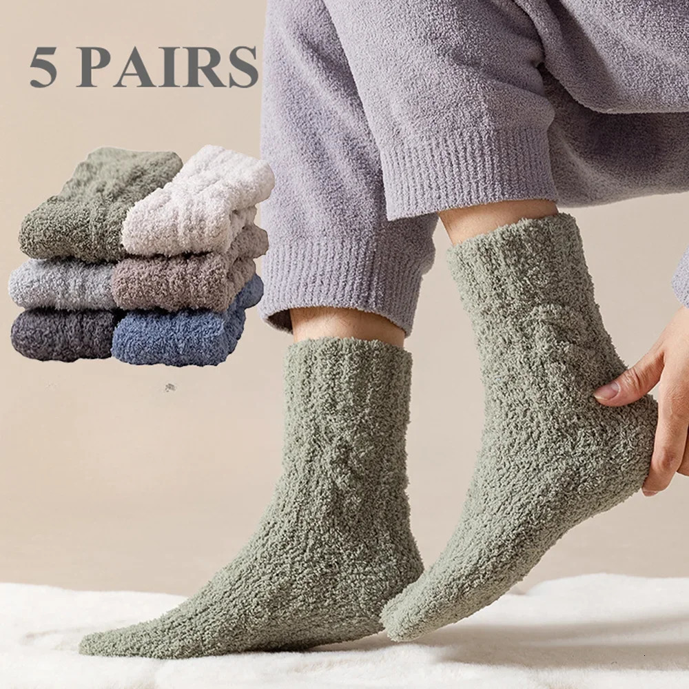 5 Pairs Thick Warm Winter Socks Men Coral Fleece Thermal High Quality Middle Tube Cozy Fluffy Sleeping 241112