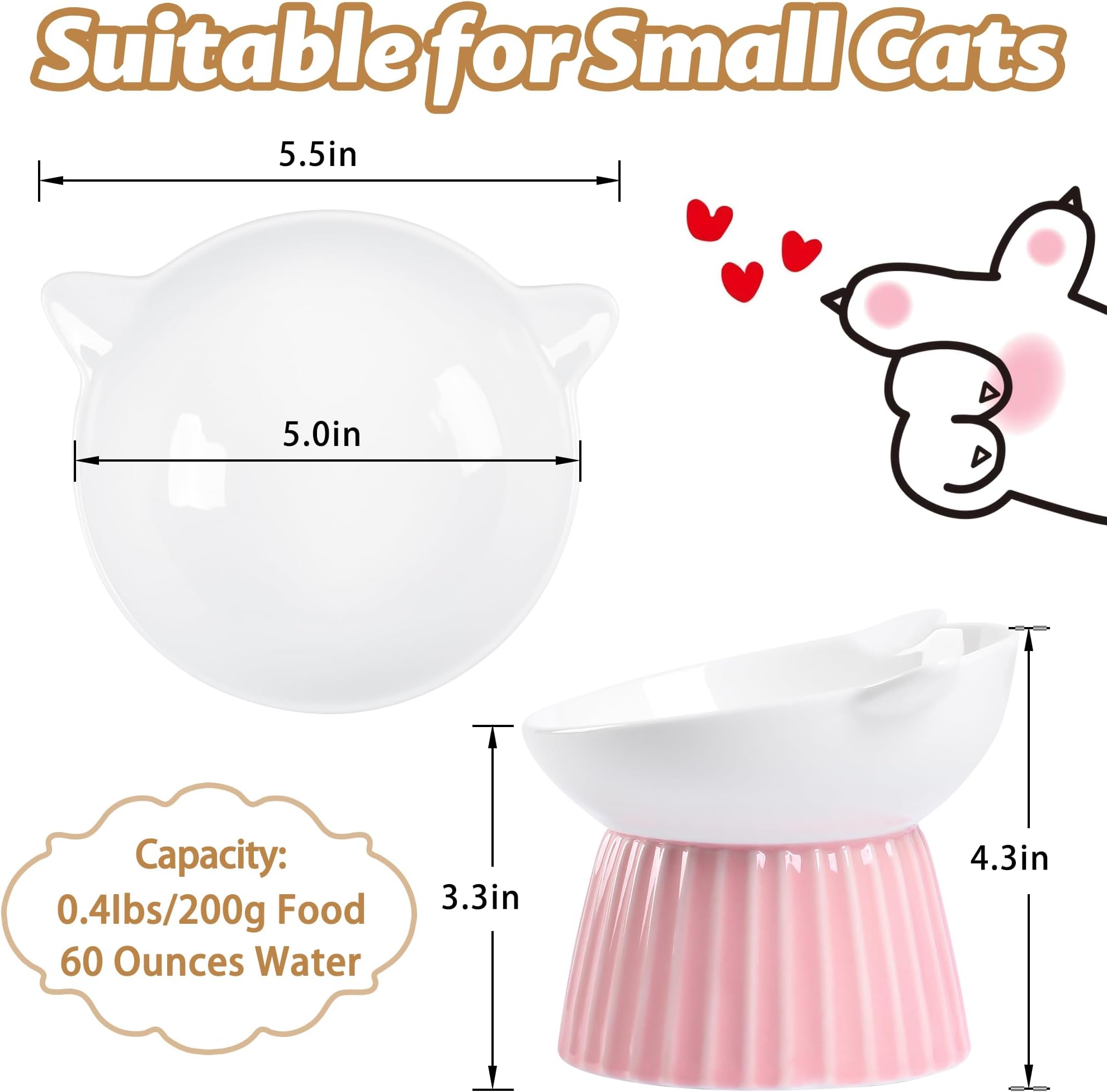 Wellbro Ceramic Raised Cat Bowl,Tilted Raised Cat Bowl Anti Vomit Cat Bowls for Indoor Cats Whisker Friendly Pet Feeder for Cats Puppies, Microwave an