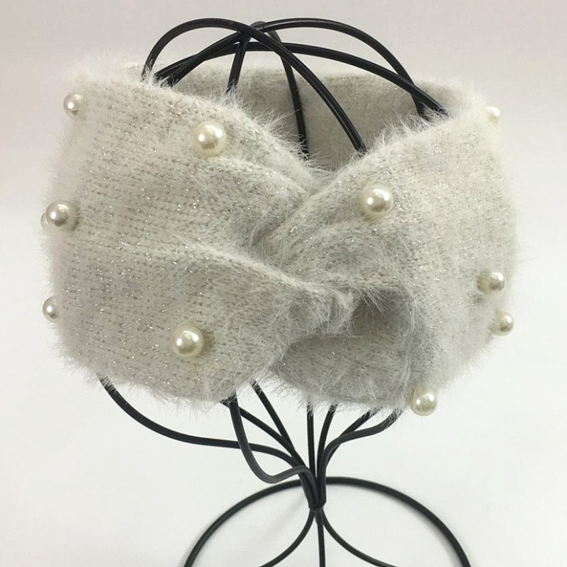 European and American pearl cross plush knitted headband ear protection headband face wash women's hair accessories warm autumn and winter woolen