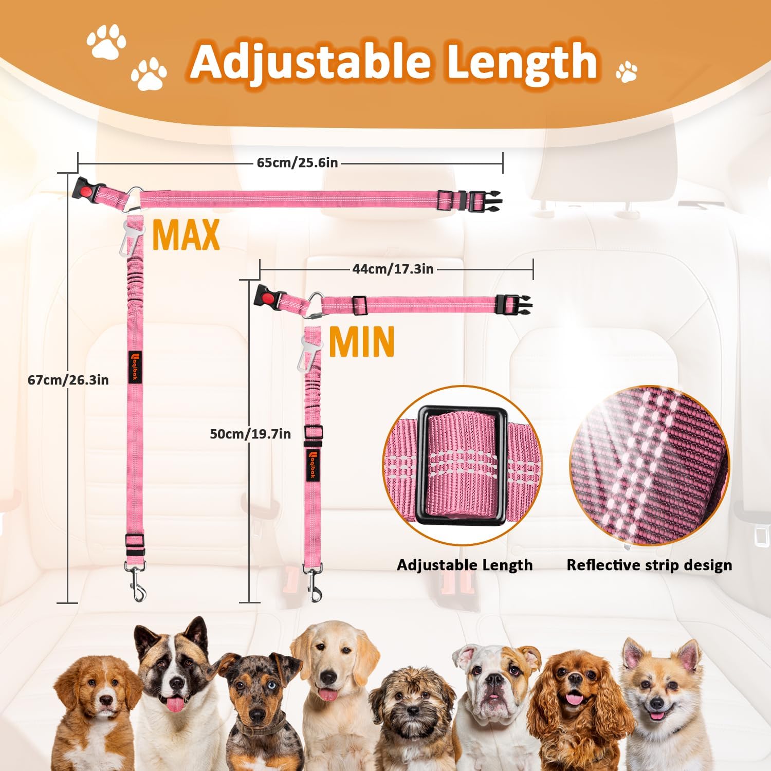 Removable Seat Belts Harness for Car, 3 in 1 Pet Car Leash, laqibak Restraint Secures to Headrest Reflective Effect Adjustable Bungee Dog Seatbelt 2PC