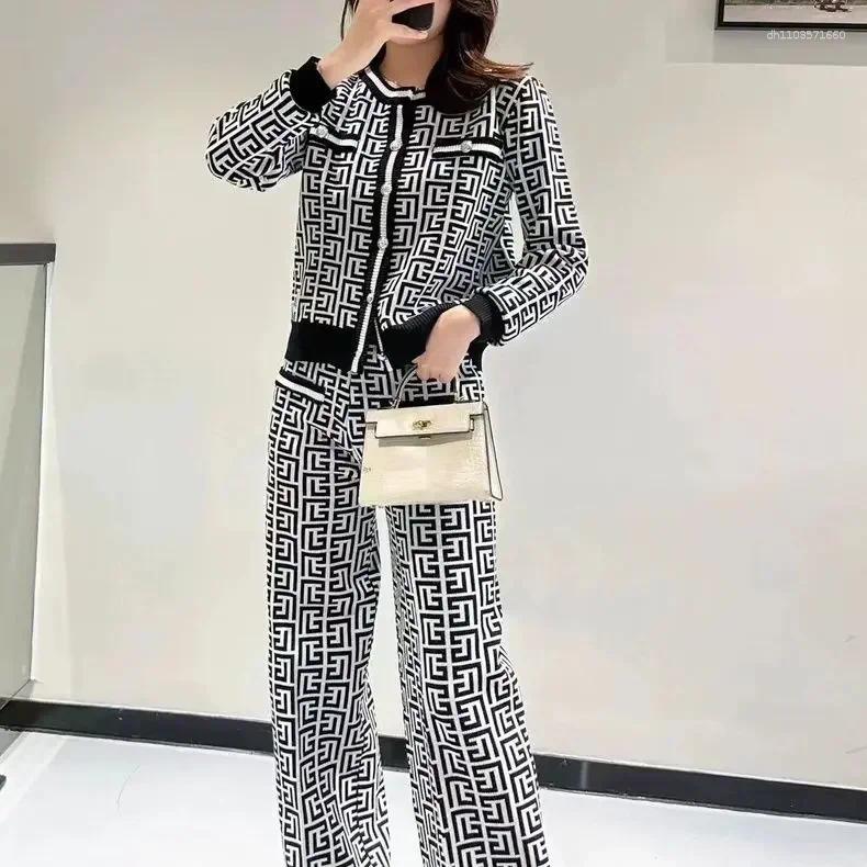 Women's Two Piece Pants WONST 2024 Autumn And Winter Vest Top High Quality Button Knitted Cardigan Wide Leg Trousers Plaid Jacquard