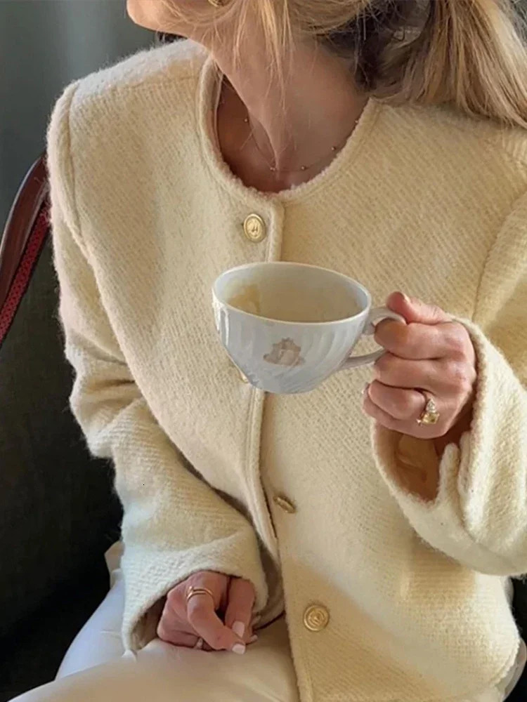 Elegant and casual tweed jacket for womens streetwear retro wool single chest O-neck long sleeved short sleeved autumn and winter outerwear 241126