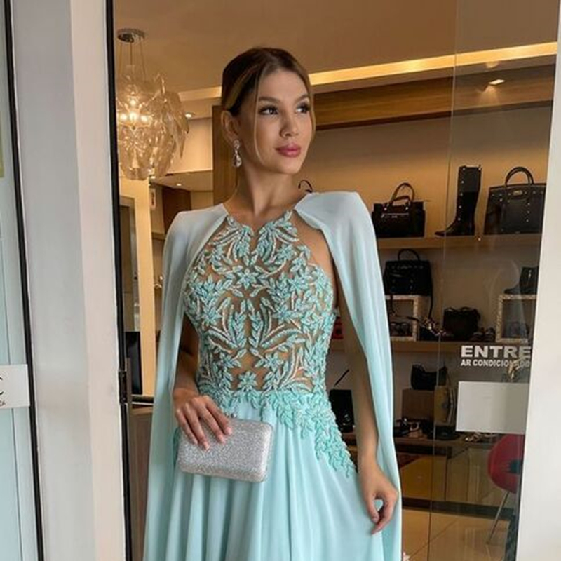 Illusion Lace Long Prom Dresses Chiffon Cape Sleeves Floor Length Beach Special Occasion Dress Jewel Neck Sexy Evening Gown For Women 2025