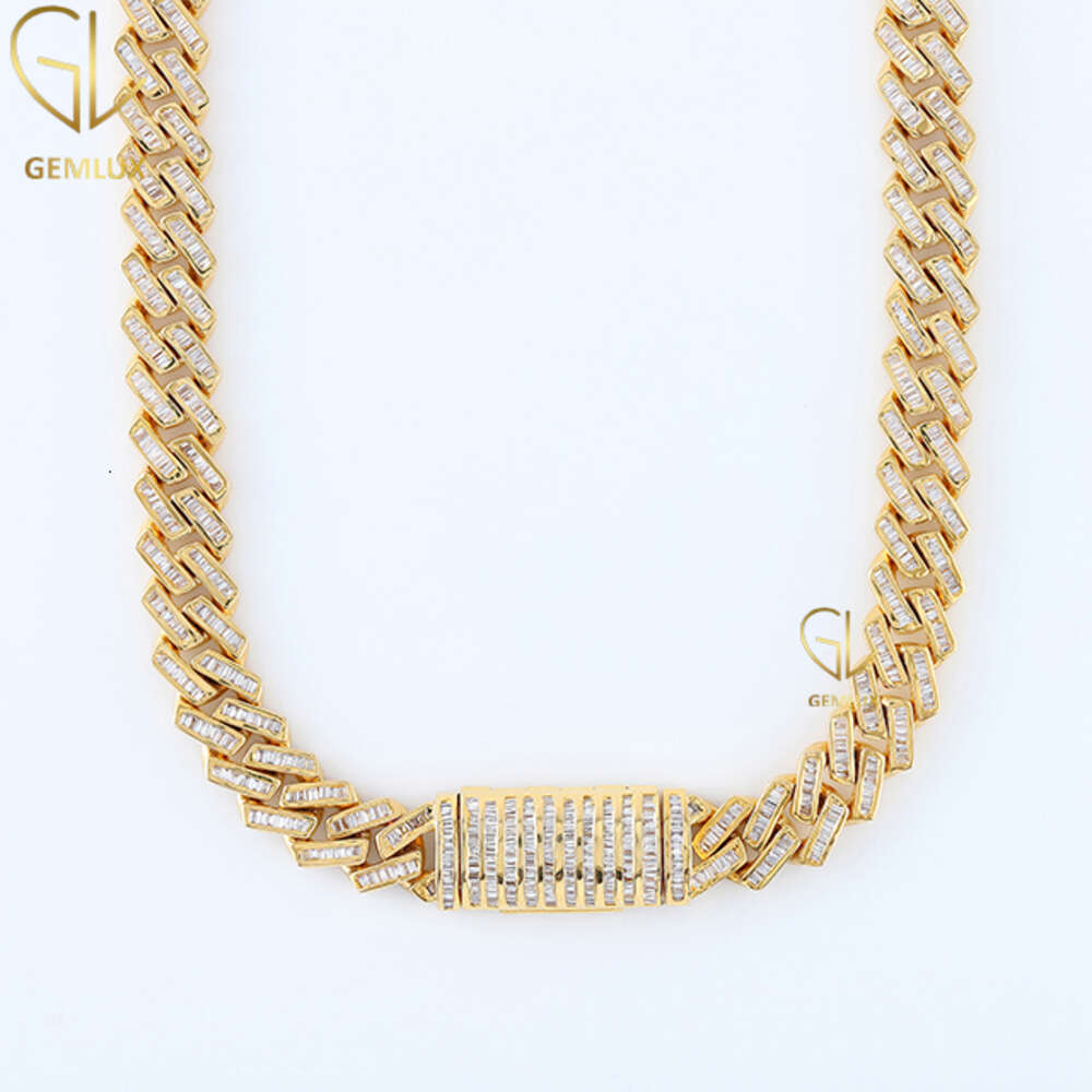 New Design Bust Down Baguette Cut Moissanite Diamond Hiphop Jewelry Gold Finish Iced Out Miami Cuban Chain Necklace for Men