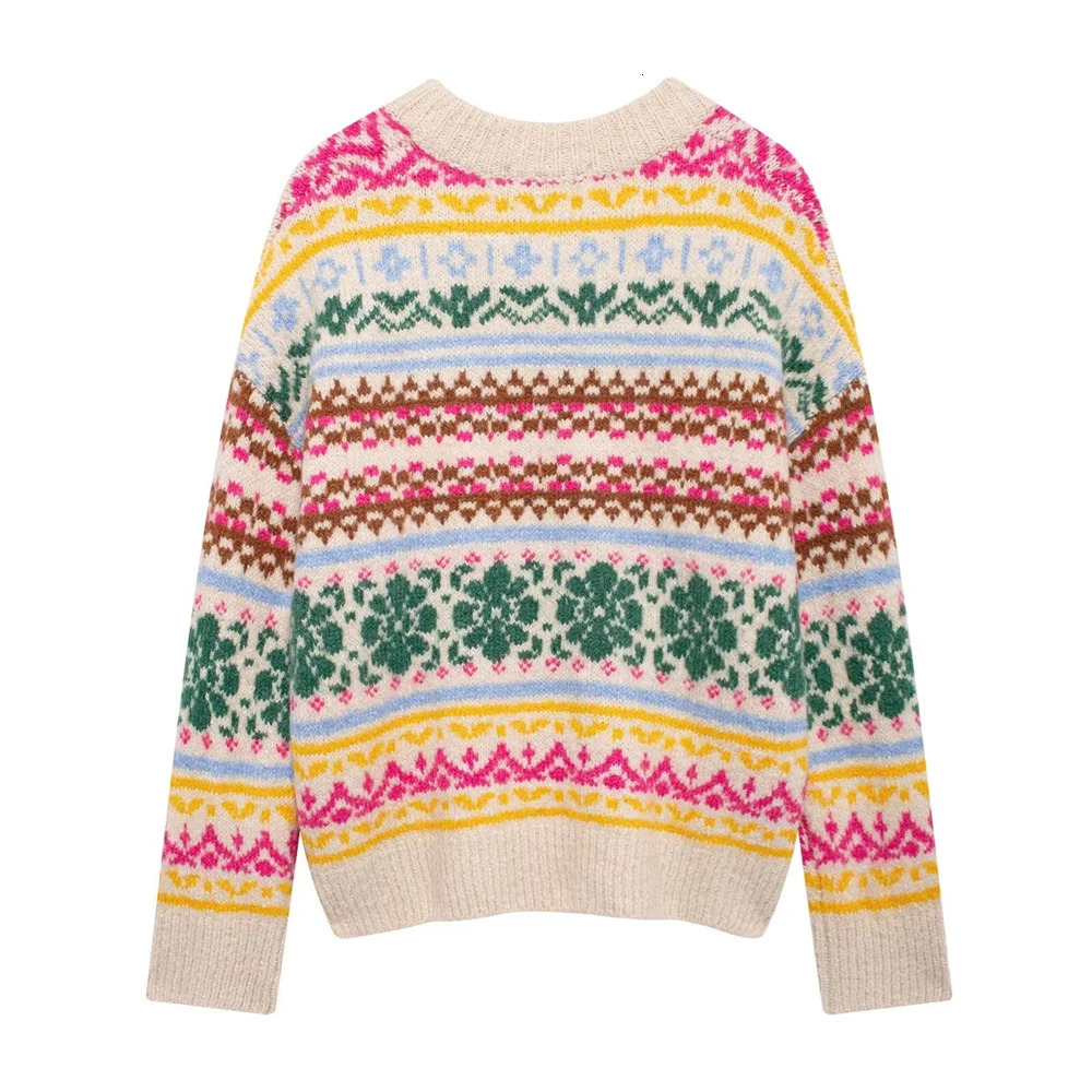 Autumn and winter casual womens clothing fashion contrasting jacquard knitted round neck pullover sweater 241126