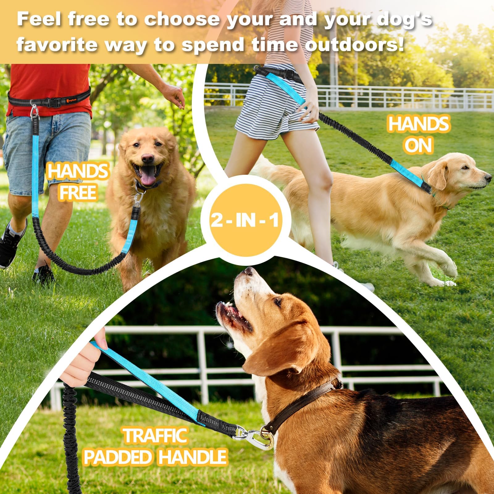 Hands Fr Lash, Adjustabl Waist Dog, Handl Bung Dog Lash 4.2-6.7 Ft Long with Rflctiv s for Walking Hiking Running, Fits 26 - 47 Waist, Black &