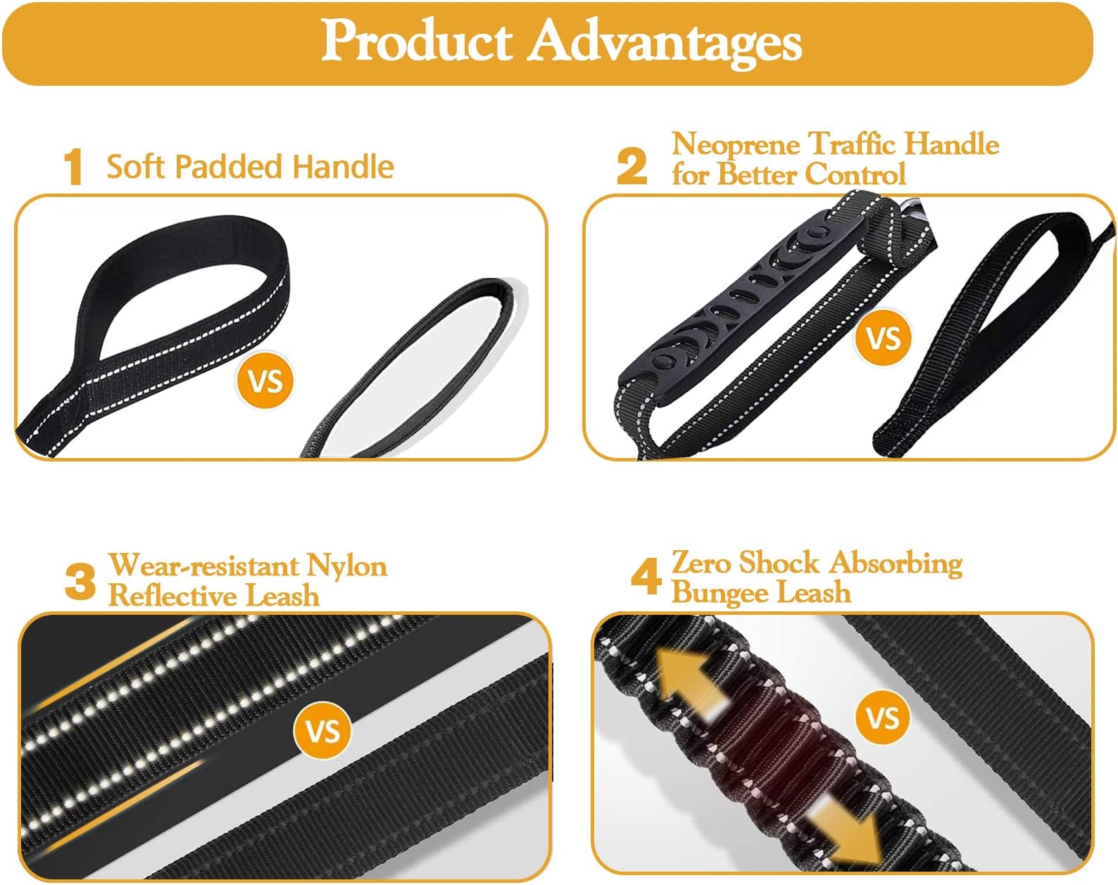 Fashion&cool Heavy Duty Especially Large Dogs Up to 150lbs, 4-6 Ft Reflective Dog Walking Training Shock Absorbing Bungee Leash Car Seat Belt Buckle, 