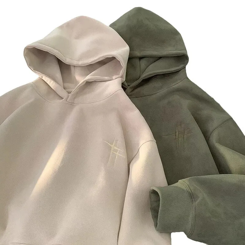 Trendy Chamois Leather Fleece-Ed Hooded Men's Autumn/Winter Sweatshirt American Style Oversize Loose-Fit Casual Jacket