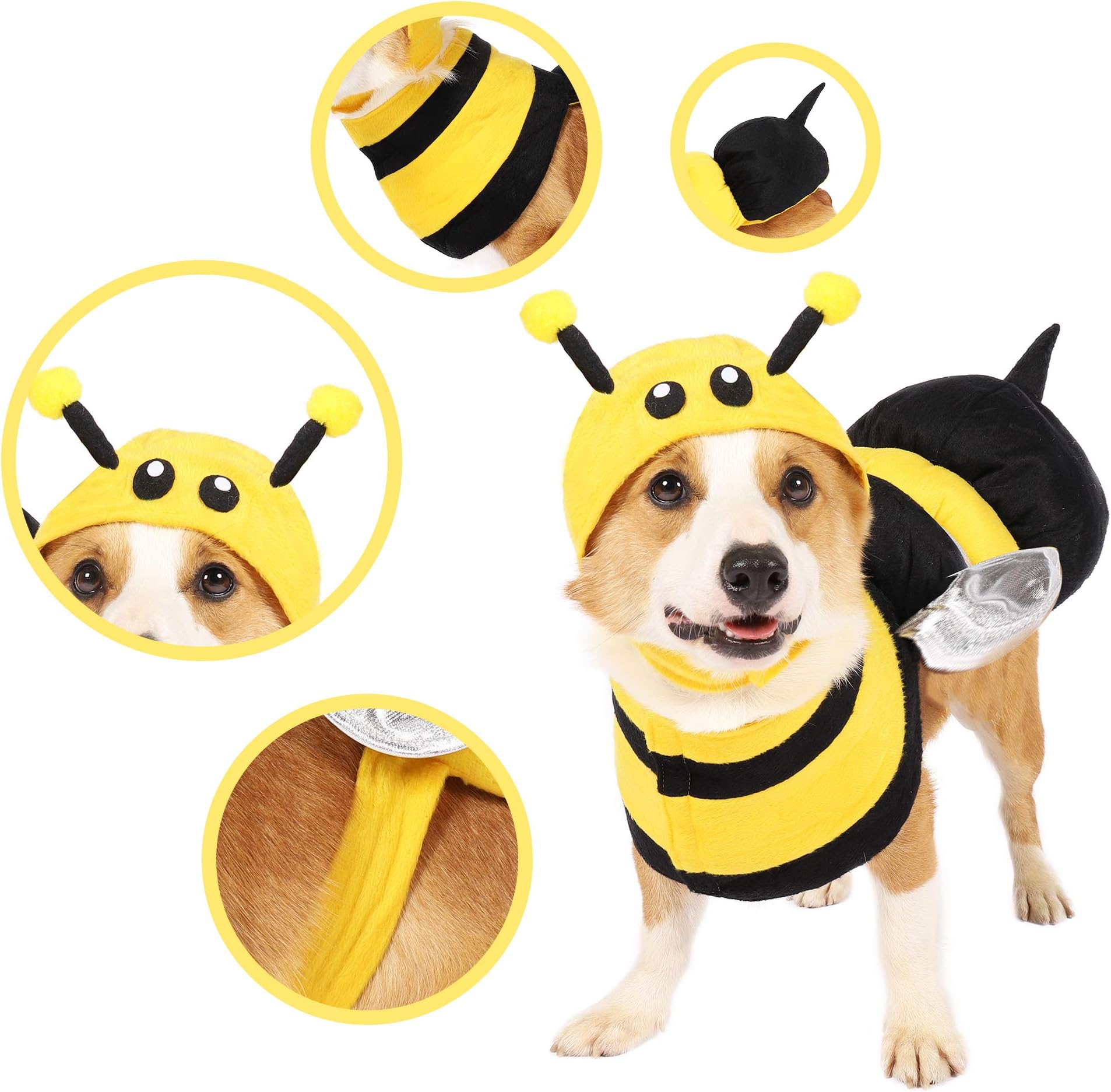 Spooktacular Creations Pet Dog Costume with 3D Bee Hat, Sier Wings for Halloween Dress-up Party, Role Play, Carnival Cosplay, Holiday Decorations Clot