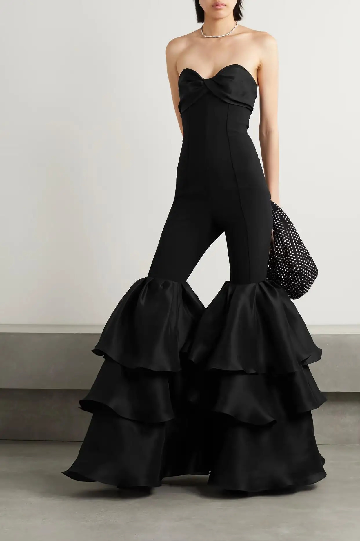 Black strapless long shoulder jumpsuit sexy strapless long sleeved strapless long pants ball knit dress 241126
