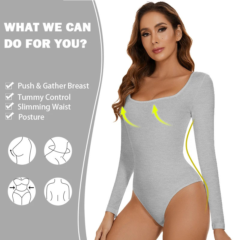 Womens Bodysuit Low Cut Square Neck Long Sleeve Shapewear Underwear Tummy Control Belly Compression Bottoming Shirt Jumpsuits 241112